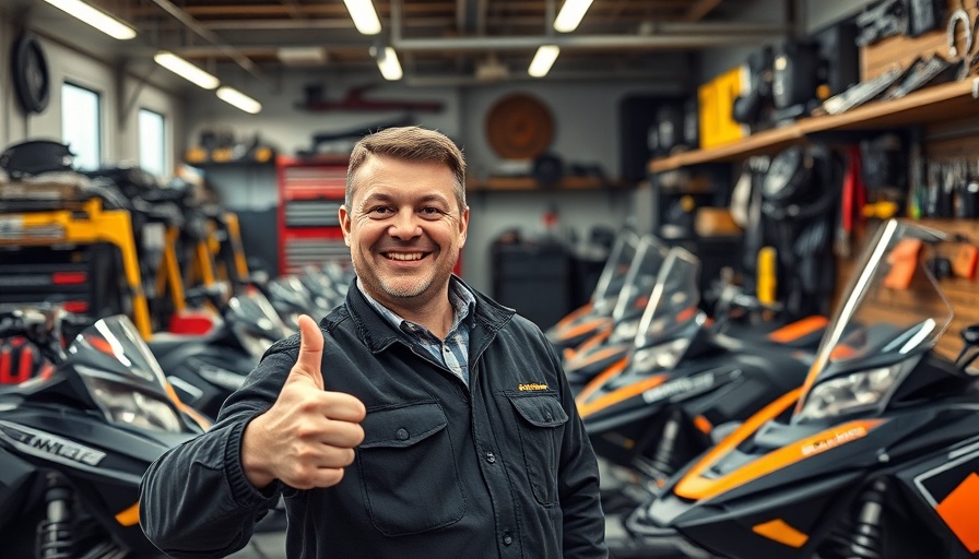 Man in mechanic shop with snowmobiles and tools, RV dealers in Connecticut.