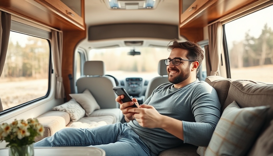 Man relaxing inside an RV with modern furnishings.