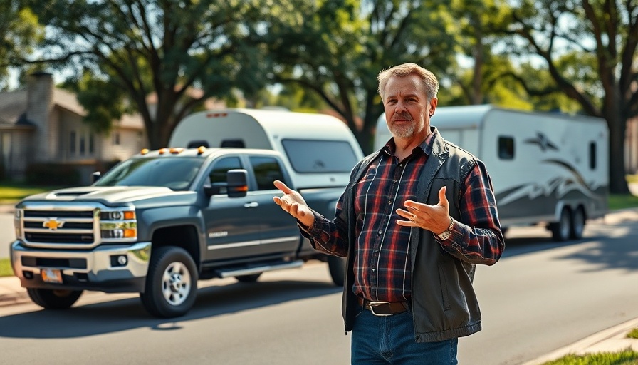 Man explaining RV towing with trailer and truck on street.