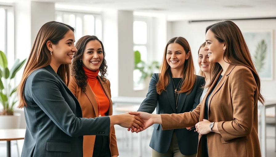 Diverse women in leadership, engaged in supportive handshake.