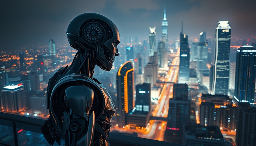 AI workforce automation represented by a robot overlooking a city at night.