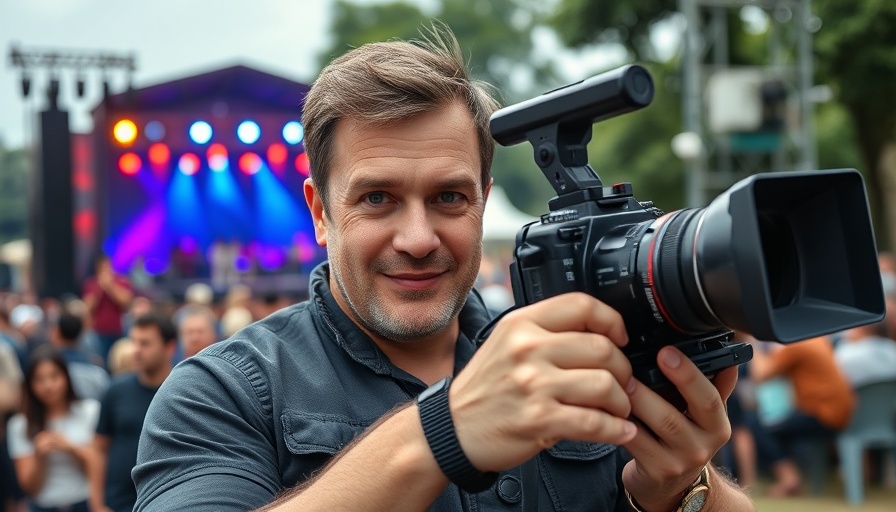 Cameraman at outdoor event holding camera, stage in background.