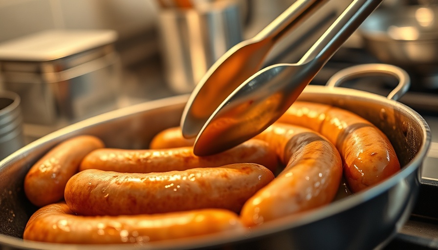 Sausages cooking in a pan, representing a food scene related to Mississippi bans lab-grown meat.