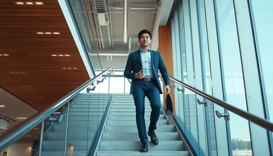 Asana office interior with two people near a staircase.
