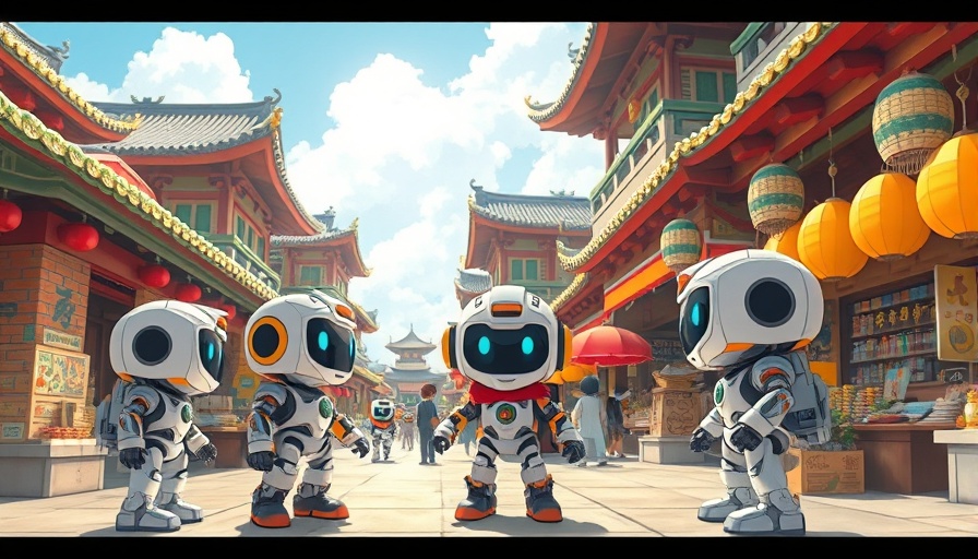 Cute cartoon robots in vibrant marketplace; exploring language models with Python.