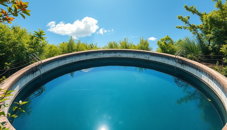 Circular water treatment plant under bright sunlight, water resilience.