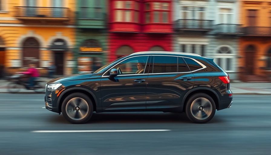 Modern SUV driving past colorful historic buildings