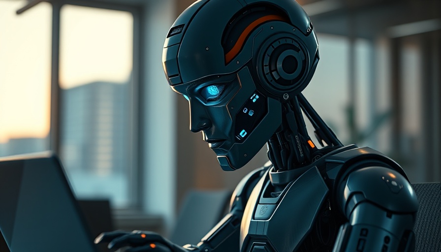 Enterprise AI Capabilities: Futuristic robot working on laptop in office.