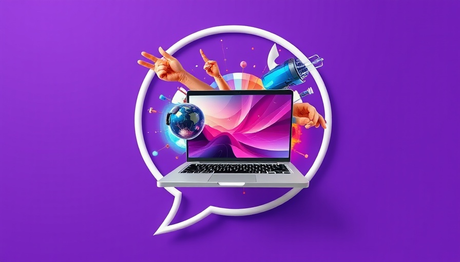 Colorful laptop collage representing Manus AI agent with speech bubble.