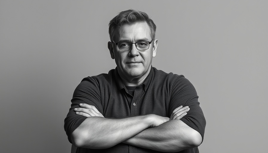 Black and white portrait of a calm middle-aged man sitting.