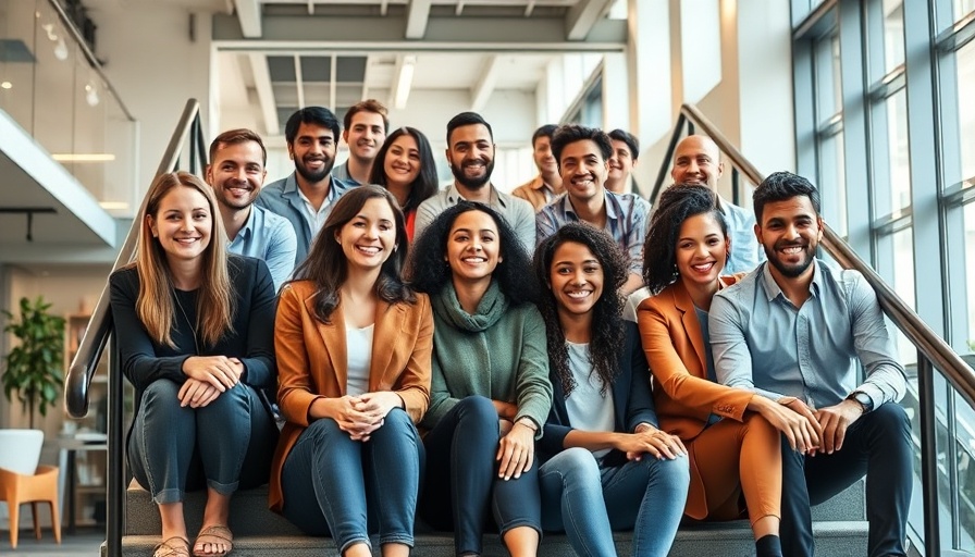 Coworkers smiling together in a modern office setting.