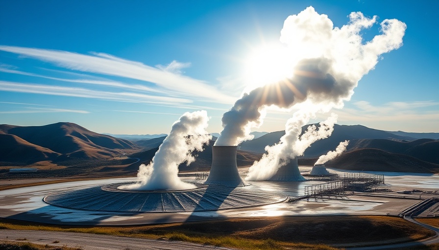Geothermal energy for data centers, steam rising in a sunny landscape.