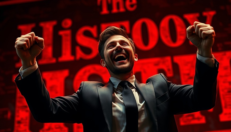 Man celebrating with abstract Constitution in the background, red theme.