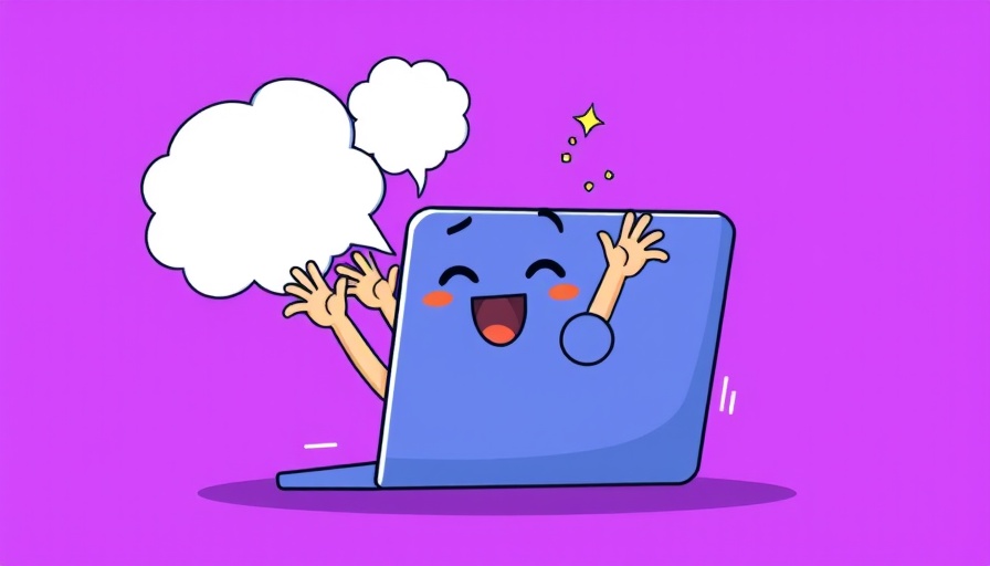 Whimsical illustration of autonomous AI innovations with a laptop and speech bubble