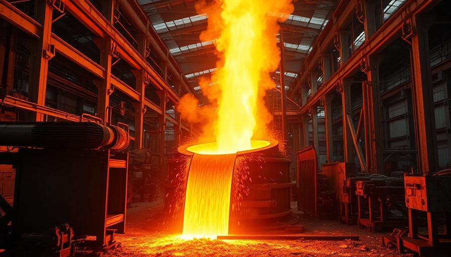 Molten metal pouring in green steel production process, fiery glow.