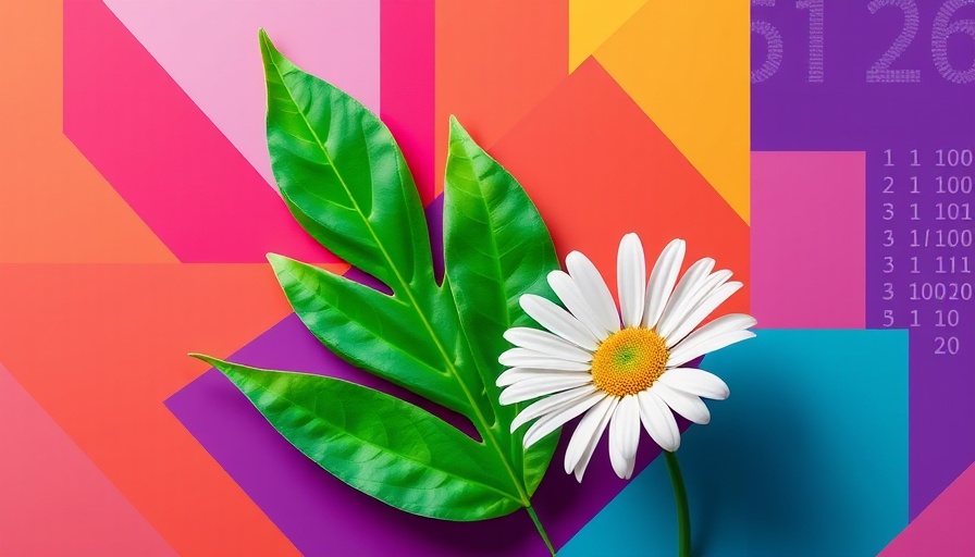 Abstract artificial leaf with digital elements and flower in vibrant colors.