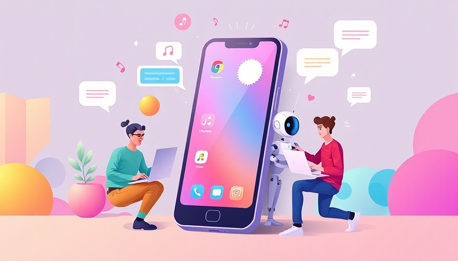 Illustration of tech activities with humans and a robot around a smartphone.