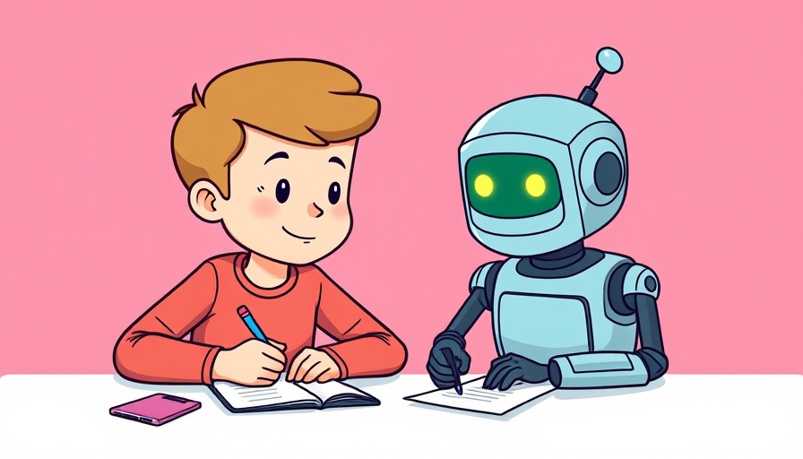 Cartoon illustration of a person and robot writing papers together.