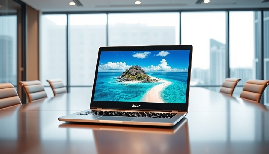 Acer Aspire 14 laptop on a table showcasing vibrant display, meeting room.