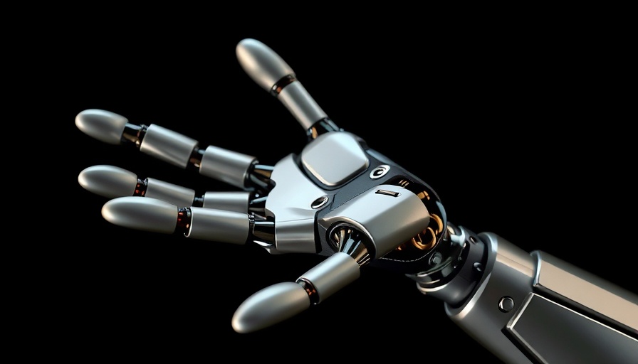 Futuristic robotic hand on black background, AI business plan generator.