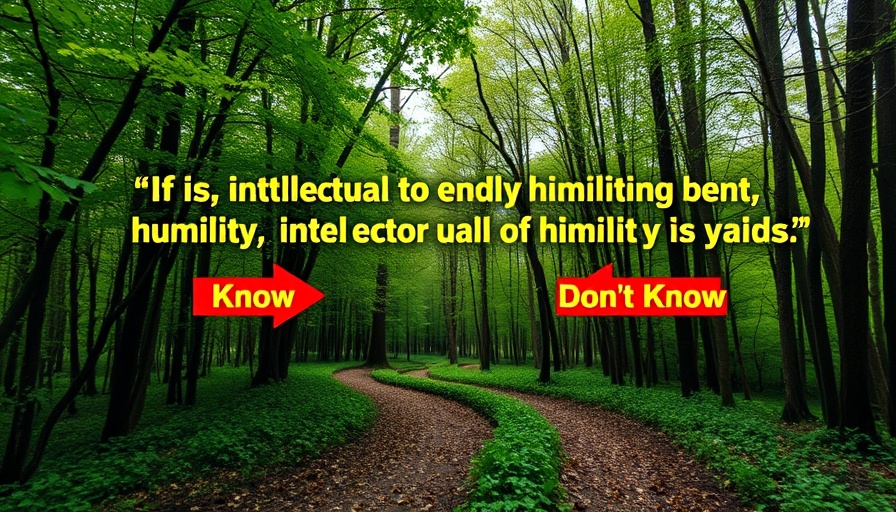 Forest path with quote on intellectual humility, emphasizing choice.