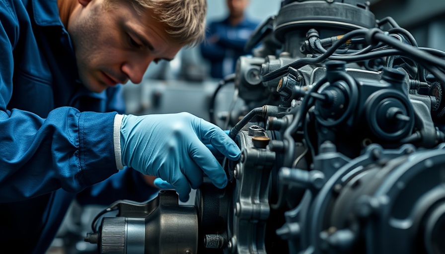 Technician in gloves working on engine assembly in remanufacturing market growth.
