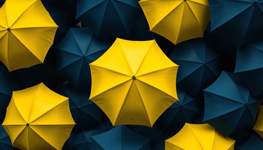 Yellow umbrella stands out among blue ones, symbolizing generative AI safety.