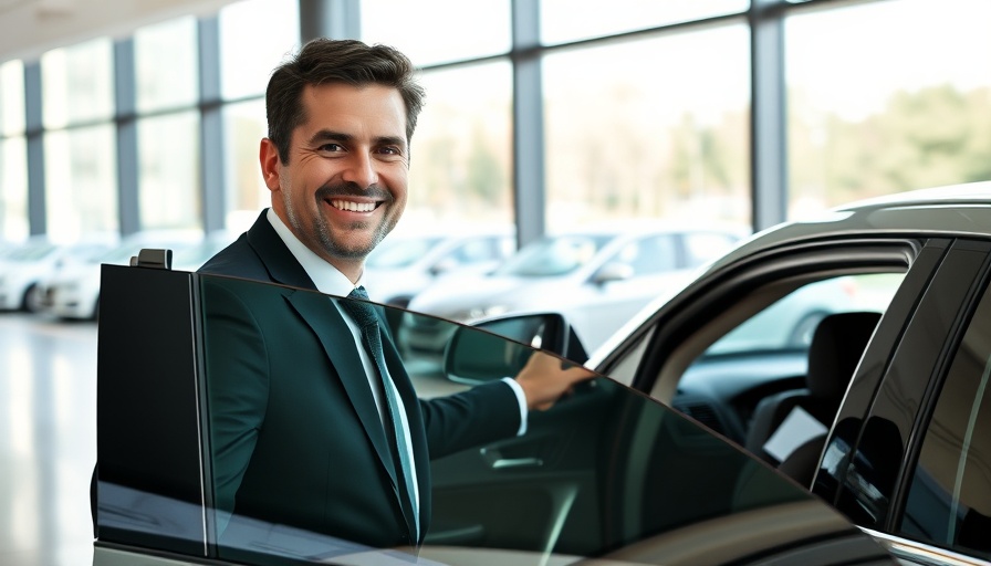 Businessman opening car door in office setting for Cox Automotive Dealer Sentiment Index.