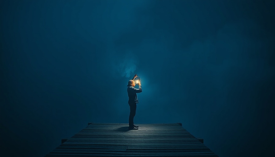 Solitary figure with lantern in misty night, symbolizing challenges.