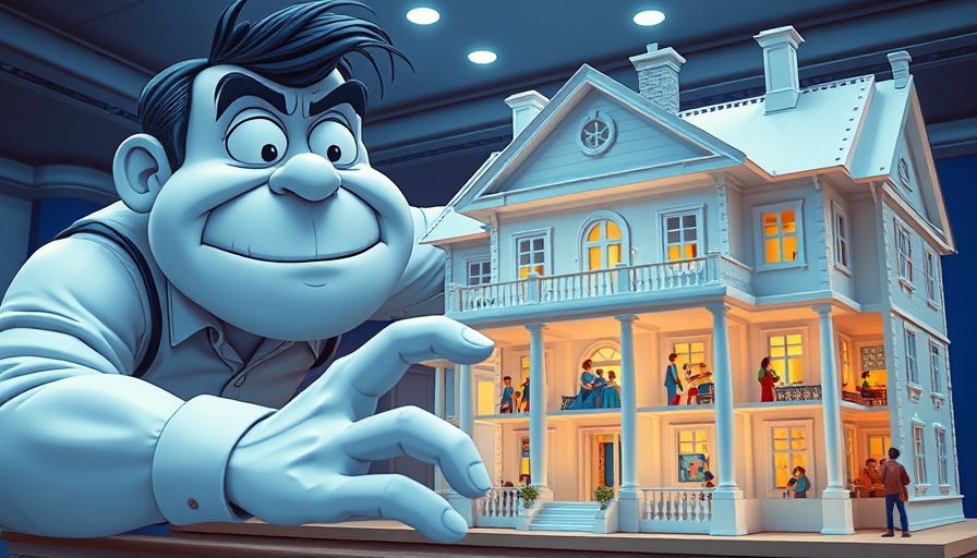 Cartoon figure manipulating dollhouse White House in vibrant colors.