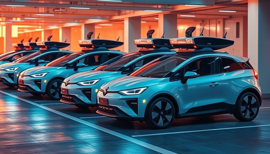 Multiple self-driving cars with tech equipment parked in urban setting.