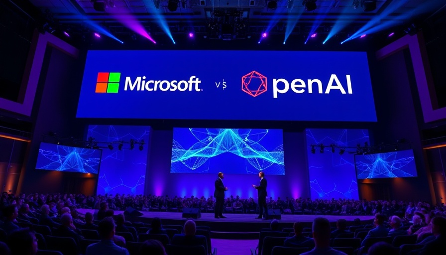 Microsoft and OpenAI event stage with vibrant lighting.