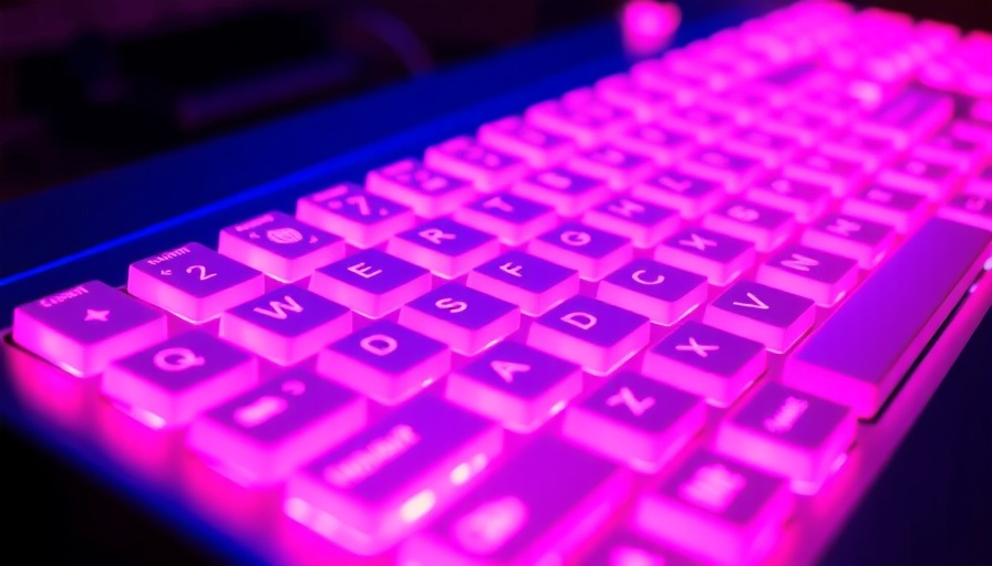 Neon-lit keyboard close-up with pink keys and blue backlight, optimize AI use for better results.