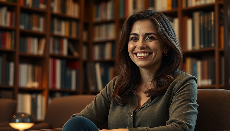 Confident woman in a library setting, smiling warmly.