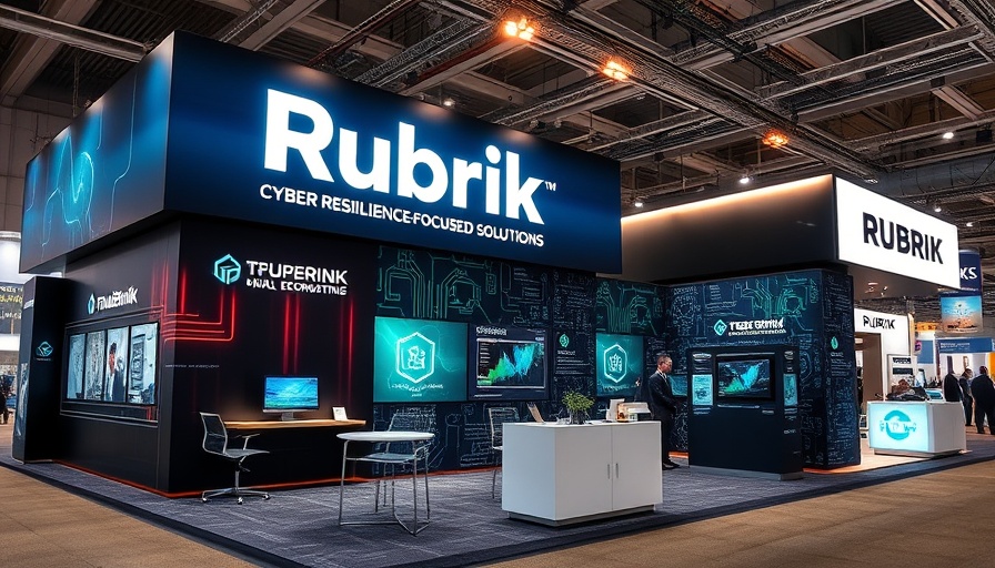 Rubrik trade show booth highlighting cyber resilience solutions, interactive displays, and modern design.