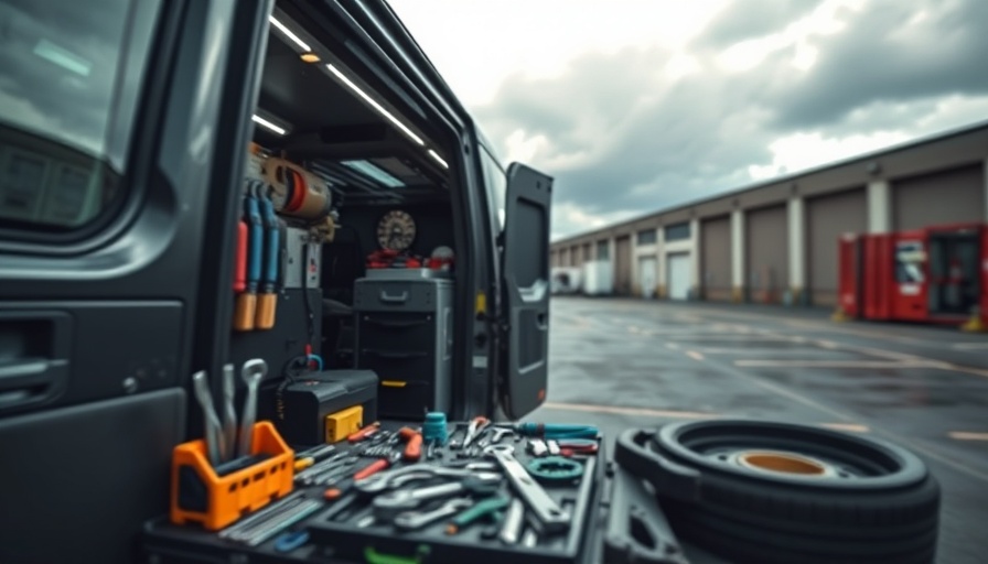 Mobile auto repair services van with mechanic organizing tools.