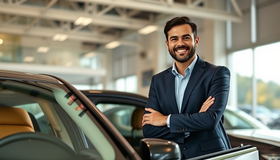 Smiling car dealer in showroom representing Cox Dealer Sentiment Index