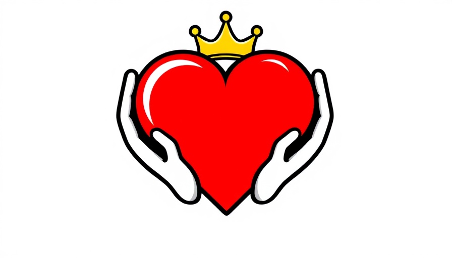 Stylized heart with hands and crown logo, bold and minimalistic.