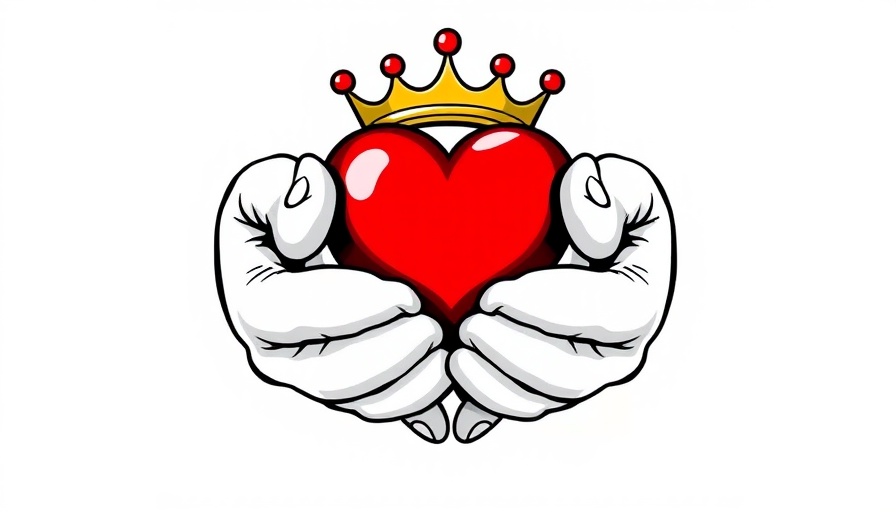 Symbolic heart with crown and hands, representing love and loyalty.