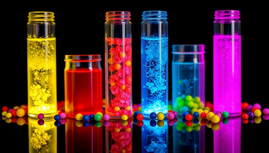 AI-generated vibrant glowing vials in scientific setup.