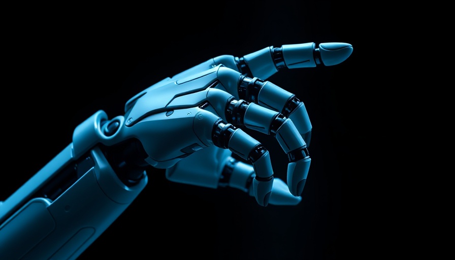 Robotic hand reaching over circuit background in a futuristic style.