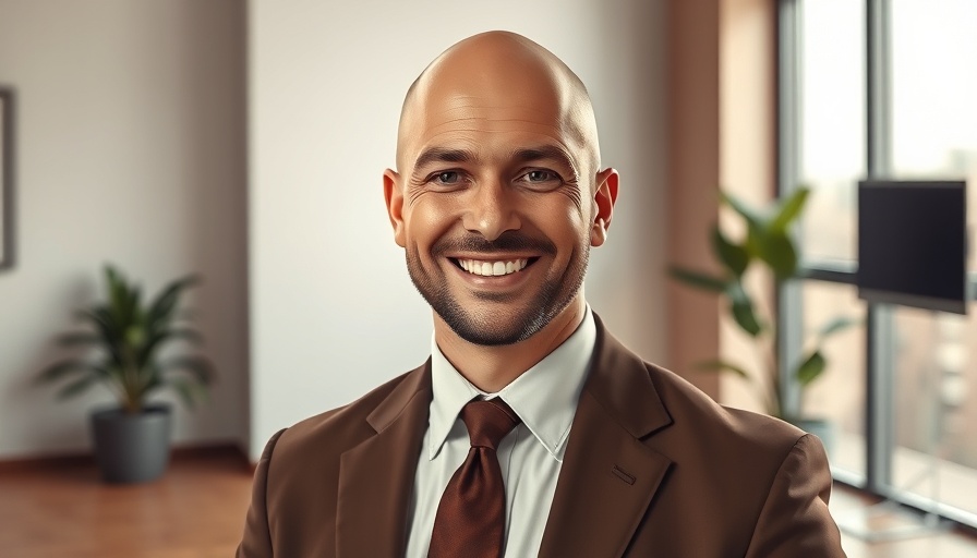 Realistic painted portrait in modern setting with a smiling bald man.