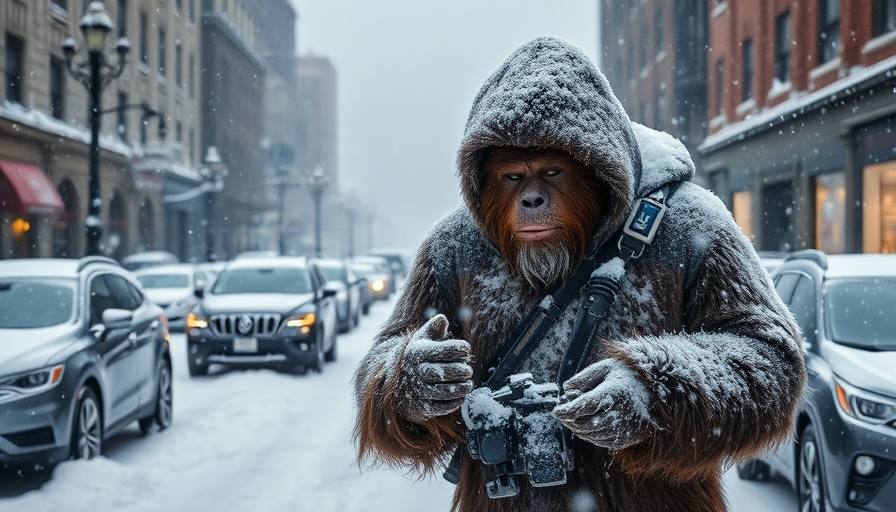 Sasquatch with reporter in Flagstaff snowstorm, urban scene.
