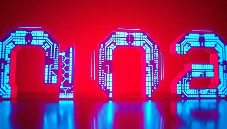 Futuristic AI digital concept with glowing blue letters on red