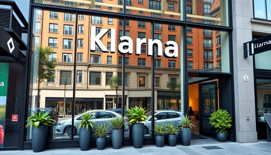 Klarna building storefront reflecting cityscape, natural light.