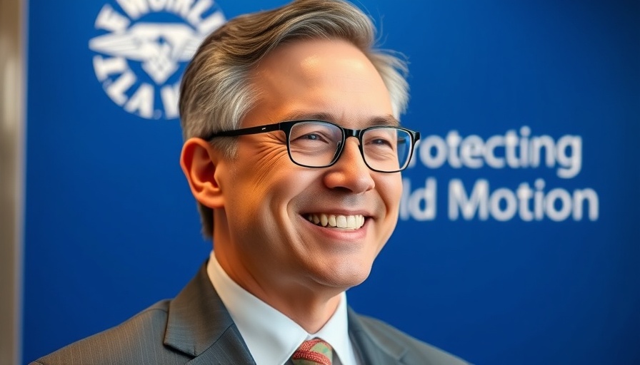Smiling businessman in suit with corporate background.