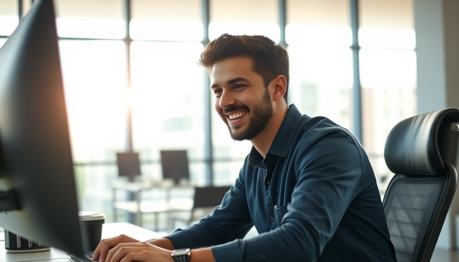 Young man smiling at computer in a bright office, No-Code MVP Development