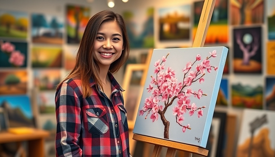 Paint and Sip in Providence RI event with participant displaying cherry blossom painting.
