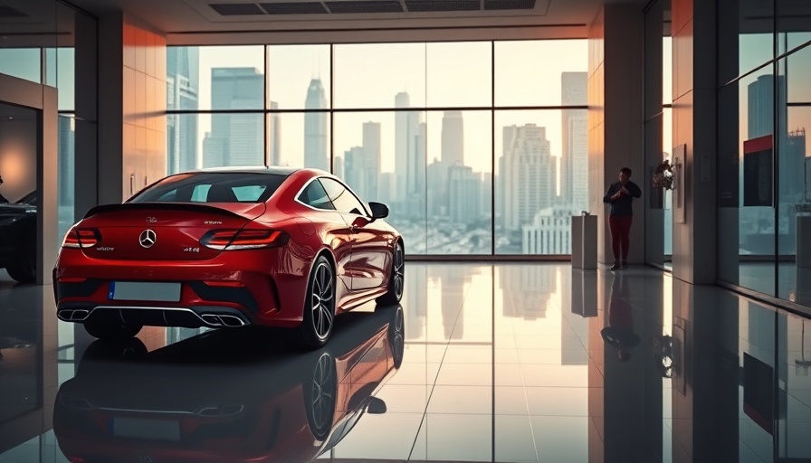 Sleek red Mercedes showcased in upscale city backdrop.