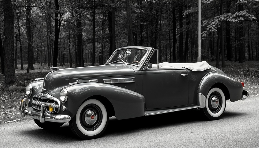 Vintage convertible parked in front of a stone wall with lush greenery.